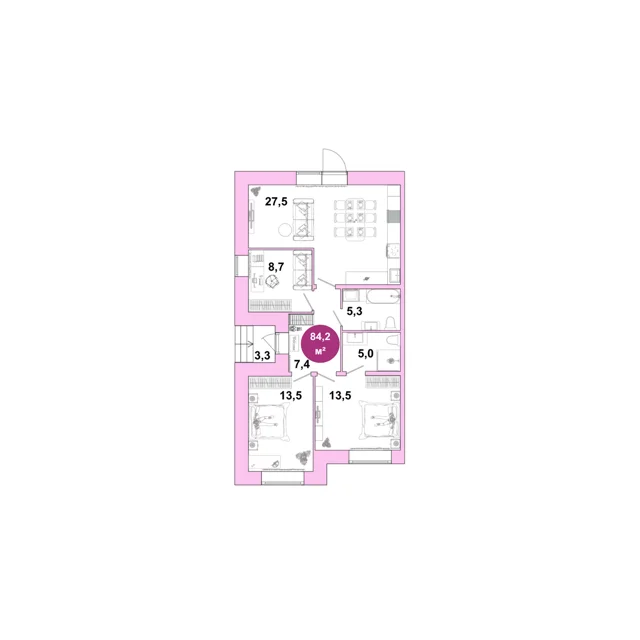 Пәтер жоспары: Т 6.13, 84.2 м²